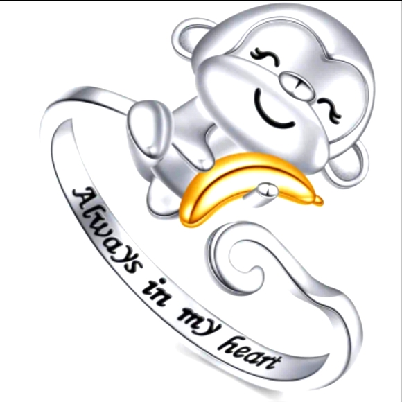 925 Sterling Silver Monkey Adjustable Opening Ring With Always In My Heart - Picture 1 of 5